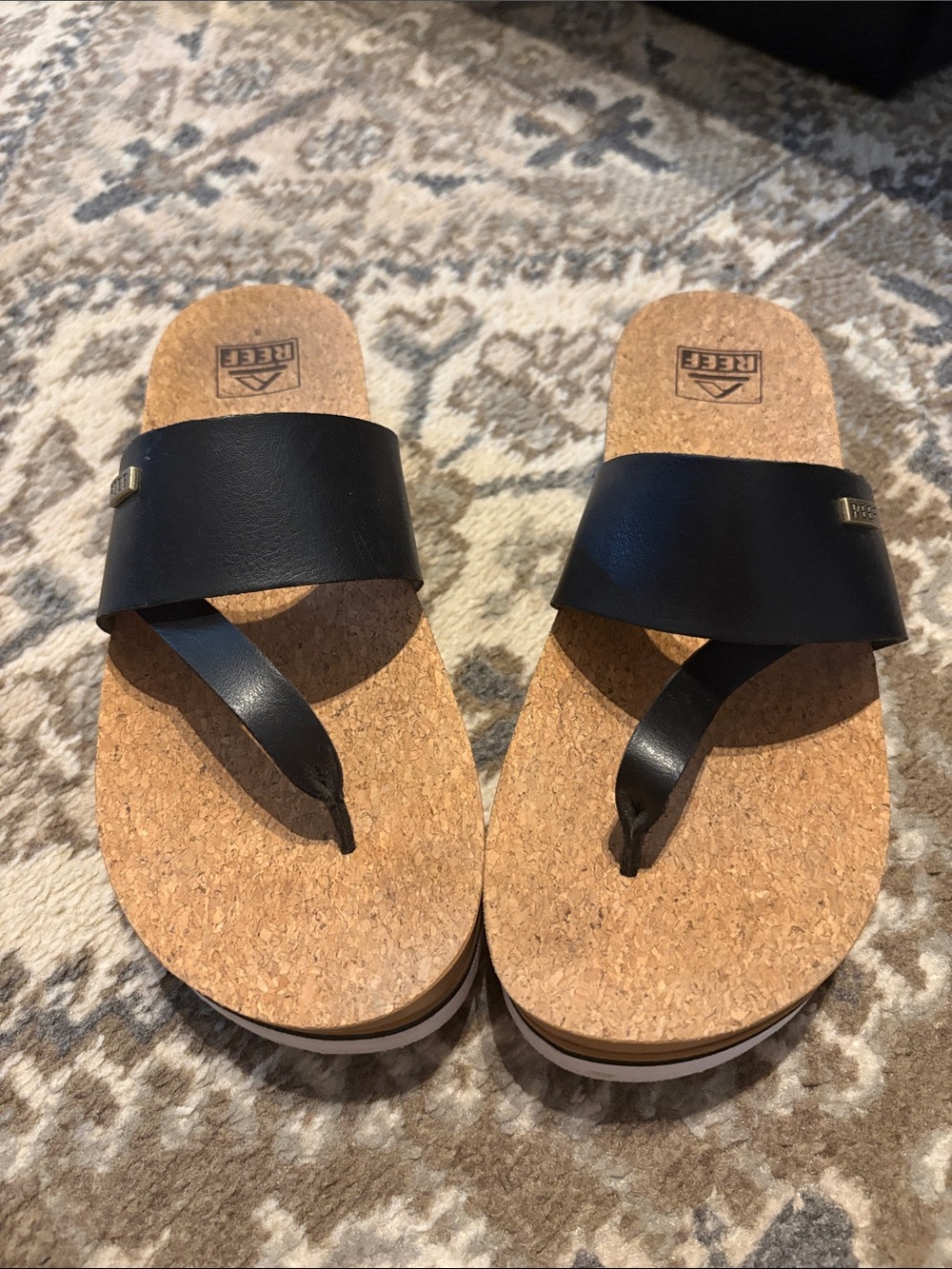 Reef Black Leather Cork-Top Platform Toe-Post Sandals
